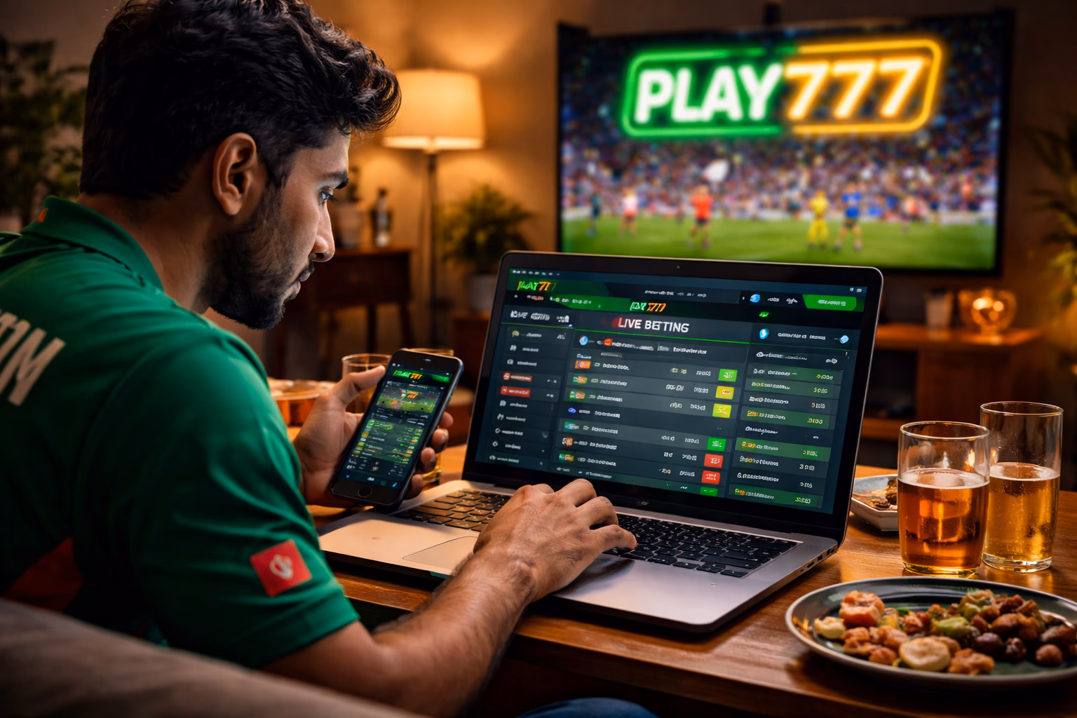Dedicated Bangladeshi sports enthusiast reviewing football betting markets on laptop via Play777 while streaming live match coverage at home