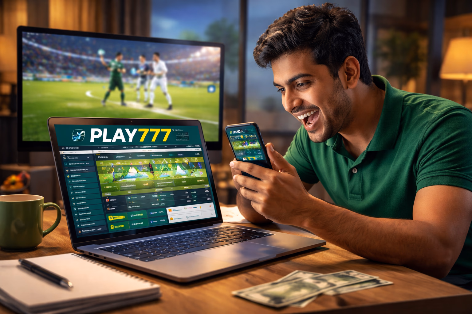 Focused Bangladeshi sports fan utilizing laptop and smartphone simultaneously while watching live football broadcast and placing real-time bets on Play777