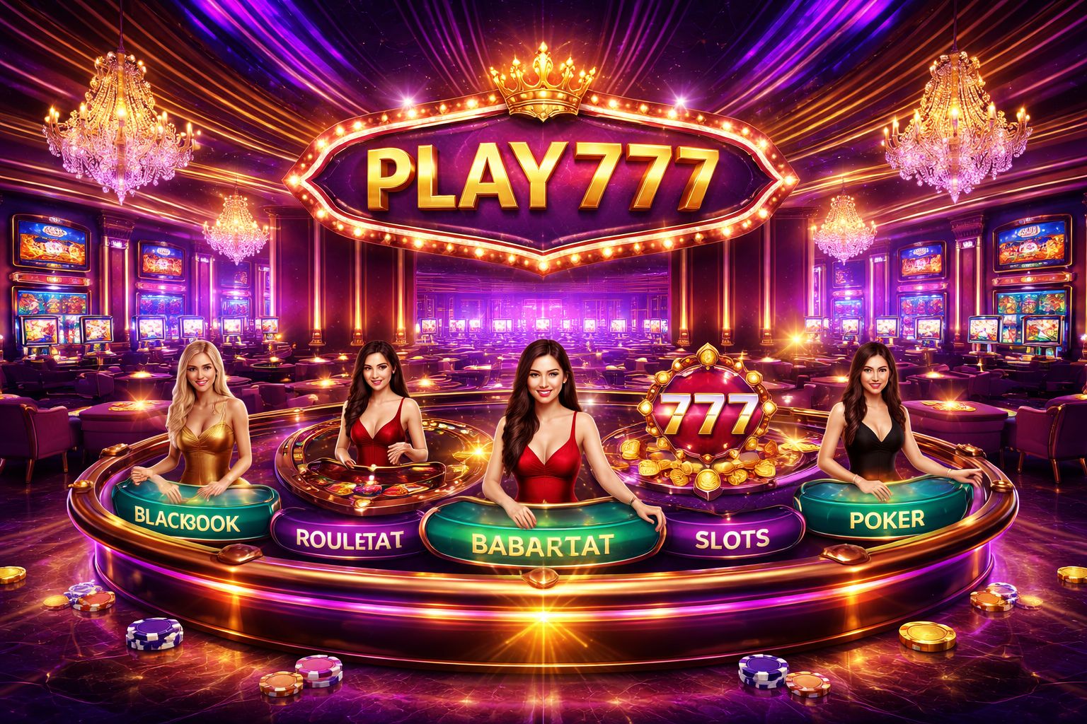 Confident casino dealer standing beside a gaming wheel surrounded by floating chips representing the premium live casino experience of Play777 in Bangladesh
