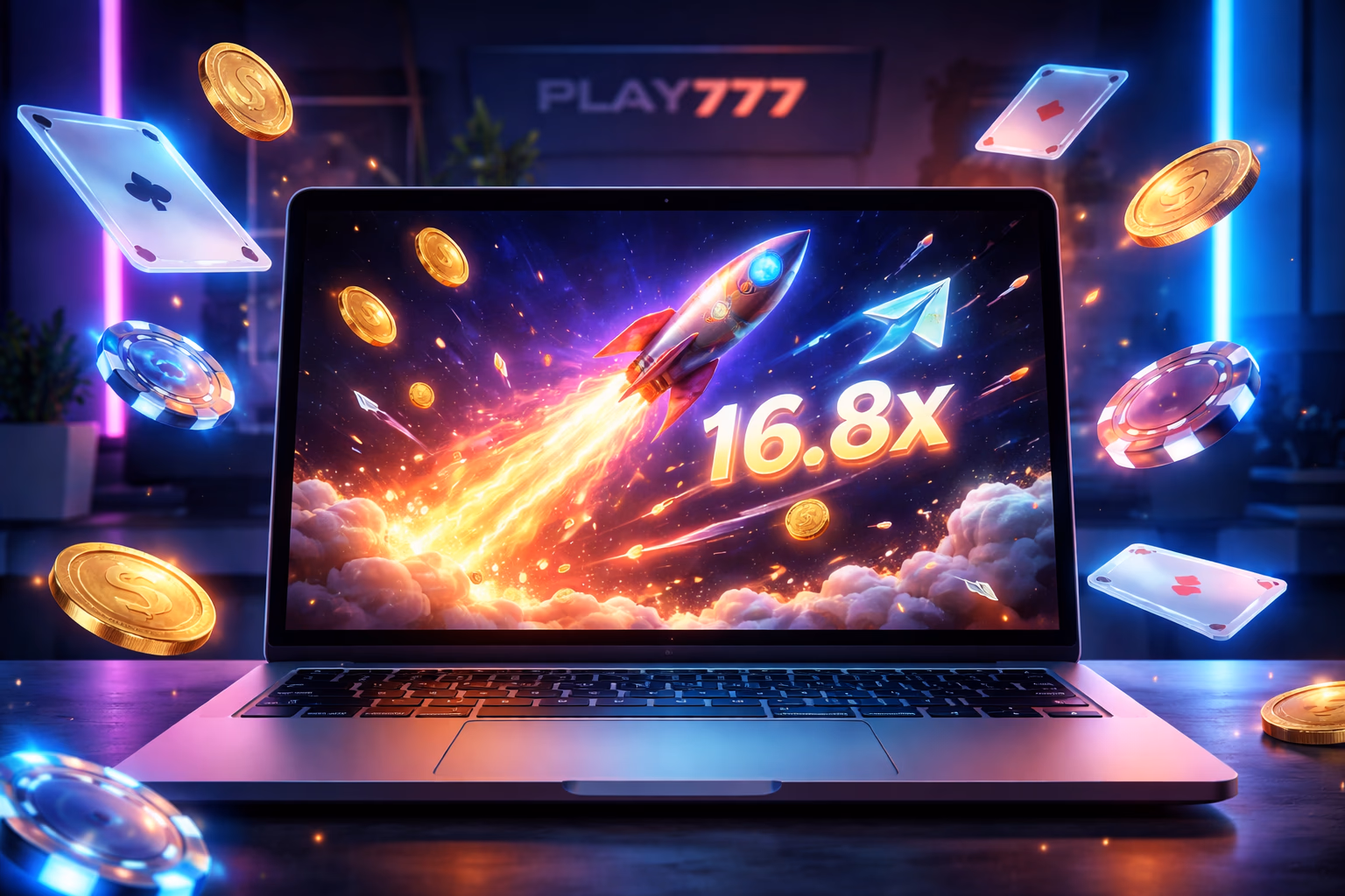 High-end laptop displaying the Play777 Aviator crash game with colorful betting chips and spinning roulette wheel creating an authentic digital casino atmosphere