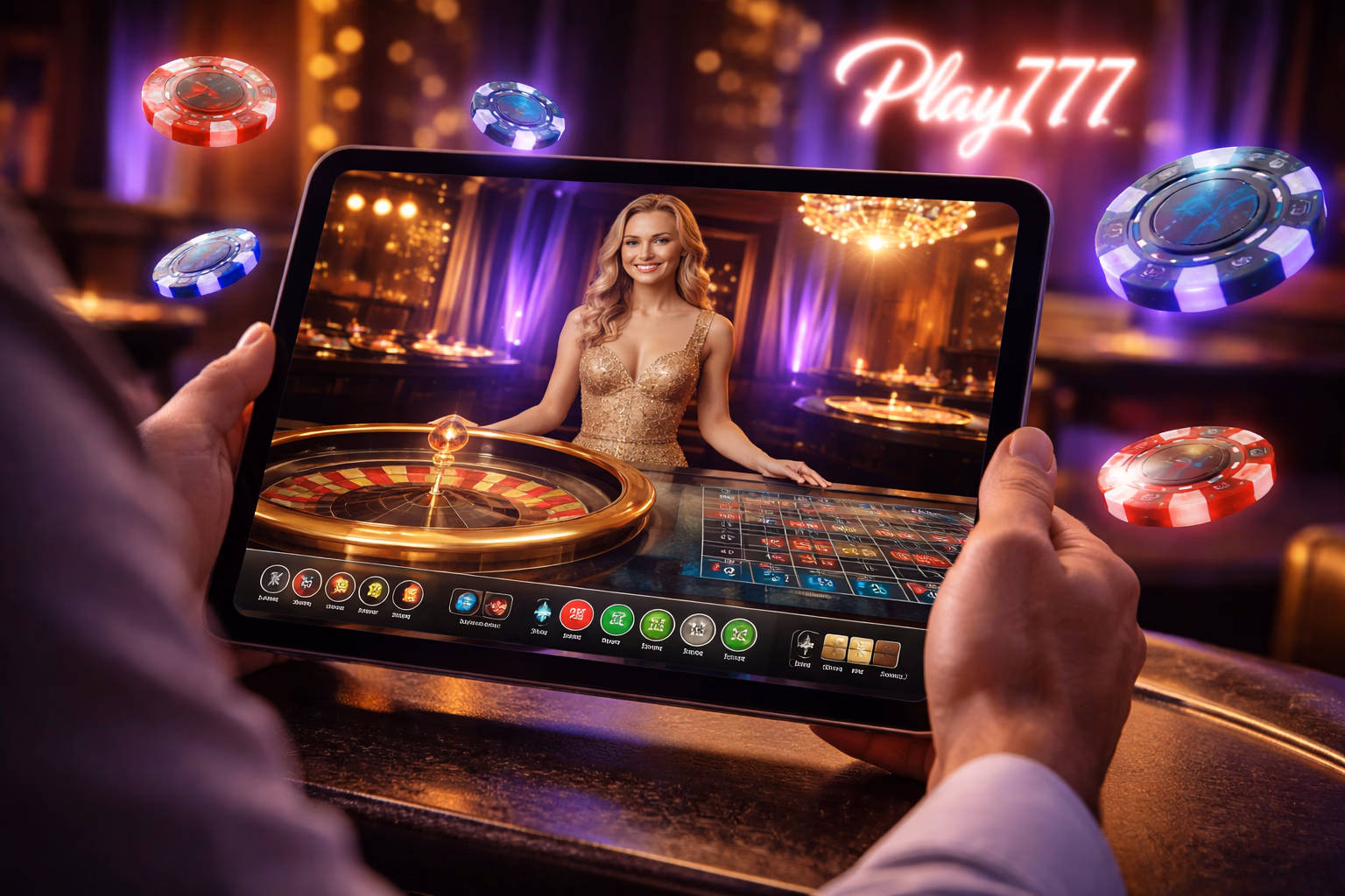 Focused casino enthusiast gaming on a modern PC in a neon-lit room showcasing the immersive Play777 online gaming experience for Bangladesh