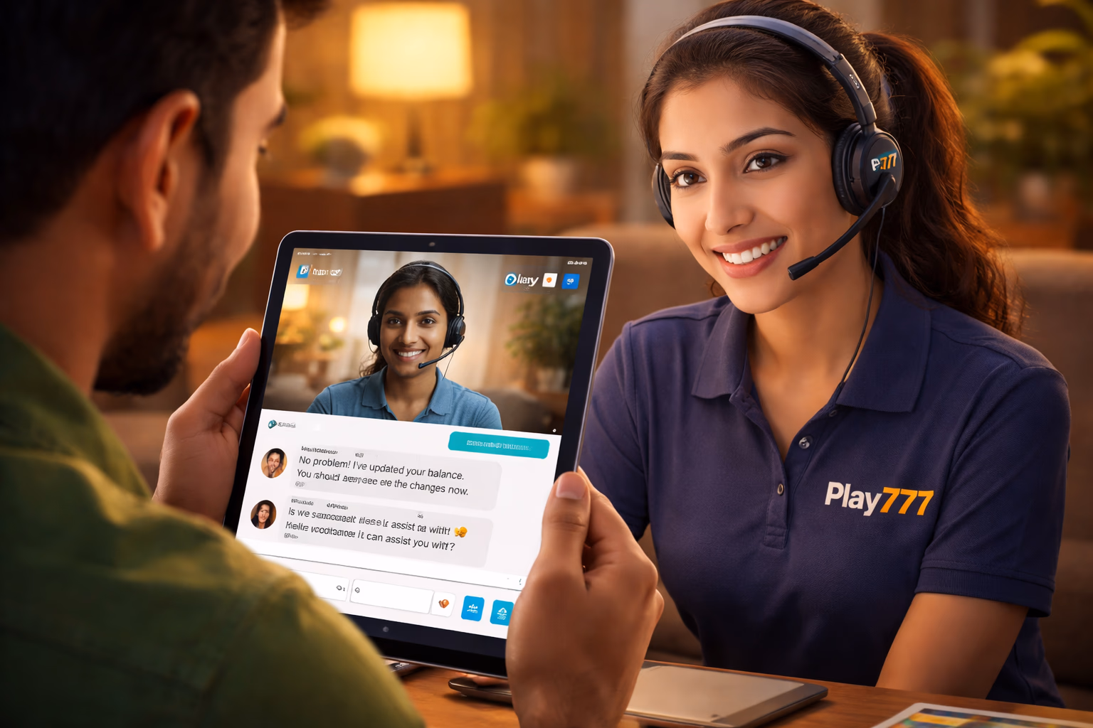 Elegant Bengali casino host welcoming players to the Play777 login portal with brilliant lighting and floating casino chips