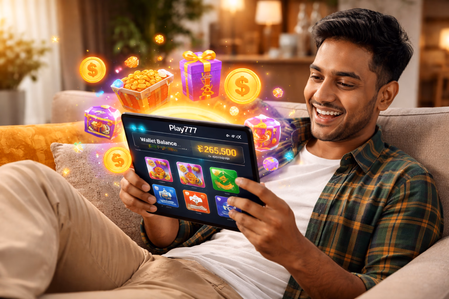 Sophisticated Bengali casino host inviting players to the Play777 login portal with ambient lighting and floating reward tokens